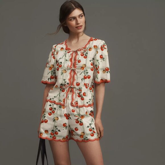 Anthropologie Maeve Veggie Bloom Embroidered Scallop-Hem Shorts - Picture 1 of 6